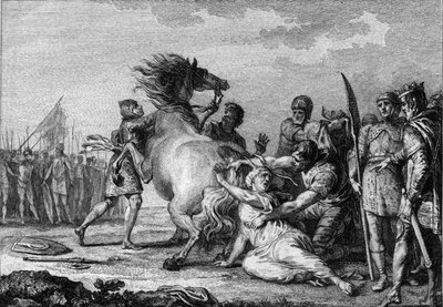 Straff av Brunehaut, 613: Brunehaut eller Brunehilde (543-613), dronning av Austrasia, festes til halen til en ukuelig hest før den blir dratt til bakken. Gravering fra 1700-tallet. av French School