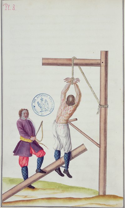 Straff med knute mens han er hengt opp i et tau, fra Voyage en Russie, 1731 (penn og blekk og wc på papir) av French School