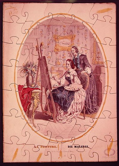 Puslespillbrikker som viser en kvinne som maler ved et staffeli, ca. 1840-50 (farge litho) av French School