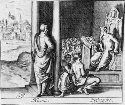 Pythagoras (ca. 570-480 f.Kr.) underviste en klasse med elever, illustrasjon fra Ovids Metamorphoses av French School