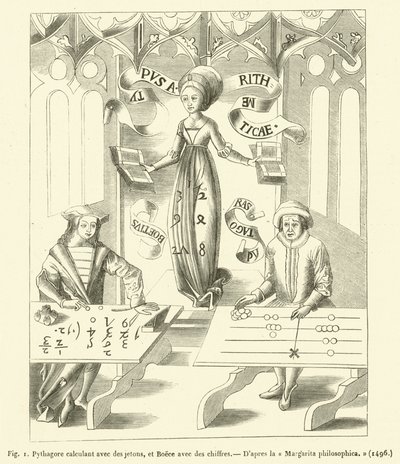 Pythagoras regner med tokens, og Boece med tall (gravering) av French School