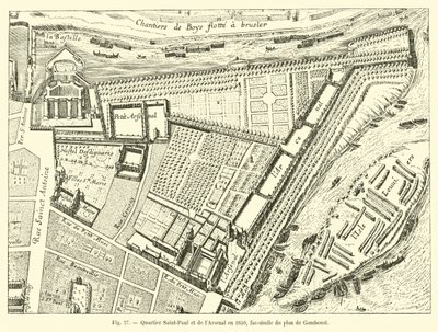 Saint-Paul og Arsenal-distriktet i 1650, faksimile av planen til Gomboust av French School