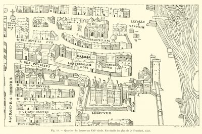Louvre-distriktet på 1500-tallet, faksimile av planen av O Truschet, 1552 av French School