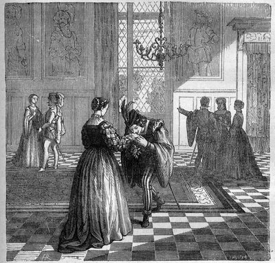 Dronning Margarita av Navarra (1492-1549) møter Pomini. Inngravering i "Prostitusjonens og utskeielsens historie blant alle verdens folkeslag fra antikken til i dag" av Dr. Th. -F. Debray. 1879. av French School