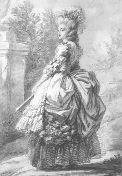 Dronning Marie-Antoinette (1755-93) går i en hage, 1780 (penn- og blekkvask og kritt på papir) av French School