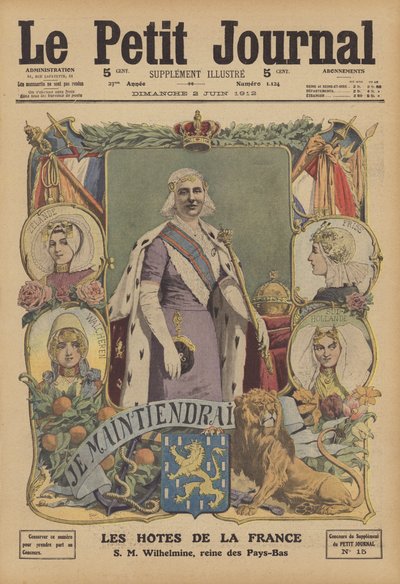 Dronning Wilhelmina av Nederland (farge litho) av French School