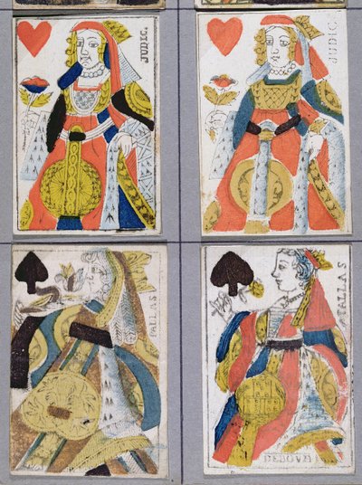 Spardronning og Hjertedronning Spillekort, 17. - 18. århundre (farget tregravering) av French School