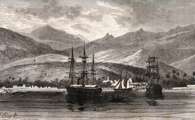 Rade de Taiti - Tahiti - gravering i "La France illustrée: geografi, historie, statistisk administrasjon" av V.A. Malt-Brown. 1884 av French School