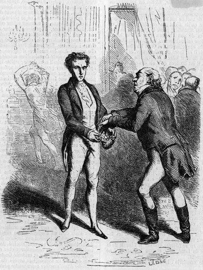 Rastignac dizzy lets the white-haired man take ten louis. Engraving mid 19th century. Illustration for “The Father Goriot” by Honore de Balzac (1799-1850). av French School