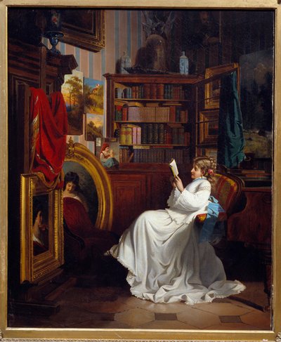 Leser en jente som leser en bok på et kontor. Maleri av den franske skolen. Privat samling fra 1800-tallet av French School