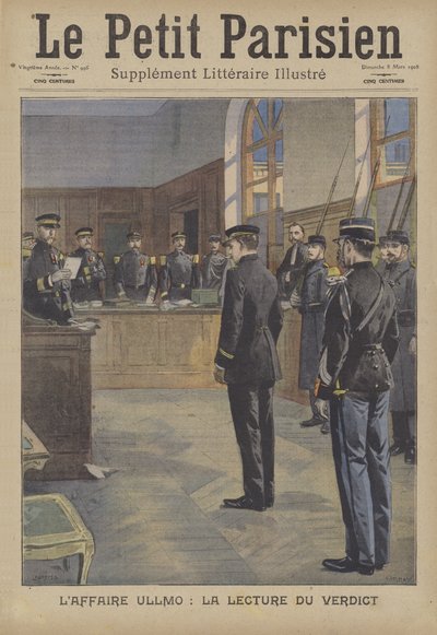 Lesing av dommen ved landsforræderiet mot Charles Benjamin Ullmo (farge litho) av French School