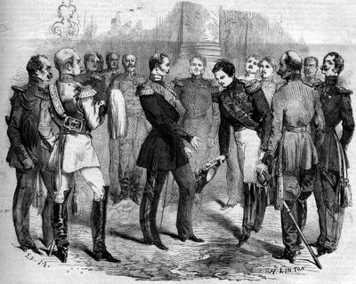 Mottakelse av den franske keiseren Napoleon III (1808-1873) av den russiske tsaren Alexander II (1818-1881) i Warszawa (Polen) av French School