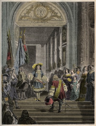 Reception of the Grand Conde at Versailles by Louis XIV - staircase des ambassadeurs - Reception of the Grand Conde (Louis II of Bourbon Conde) by the King of France Louis XIV to Versailles in 1674. engraving in “” PATRIE””” - DESCRIPTION PECTURERICIAL DE  av French School