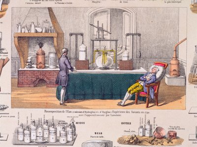 Rekomponering av vann fra hydrogen og oksygen: Antoine Laurent de Lavoisier (1743-94) eksperimenterer med respirasjonen til en hvilende mann, illustrasjon fra en pedagogisk plate, ca. 1860 (fargegravering) av French School