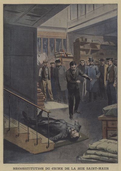 Rekonstruksjon av et drap i Rue Saint-Maur, Paris (farge litho) av French School