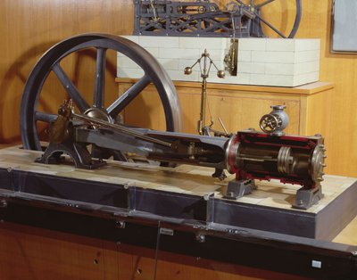 Rekonstruksjon av dampmaskinen oppfunnet av George Henry Corliss (1817-88) (metall) av French School