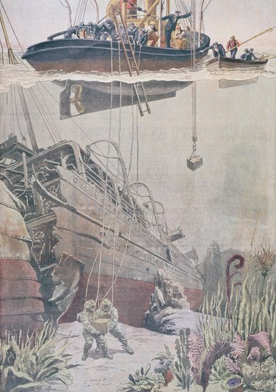 Gjenvinning av skatter fra vraket av Oceana, illustrasjon fra Le Petit Journal, 1912 av French School
