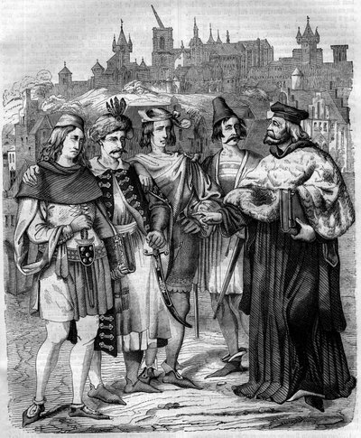 Rektor og studenter fra forskjellige nasjoner ved universitetet i Praha på 1600-tallet. Gravering fra 1852. av French School