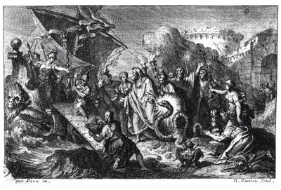 Reinkarnasjon av Asclepios som en slange på tidspunktet for ankomsten av hans kult til Roma fra Hellas i 293 f.Kr. av French School