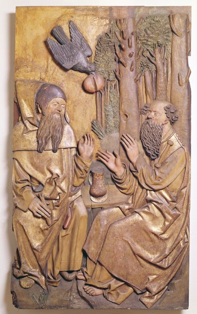 Relieff som viser St. Anthony på besøk til St. Paul i ørkenen, fra Chapale of the Old Hospital i Colmar (forgylt tre) av French School