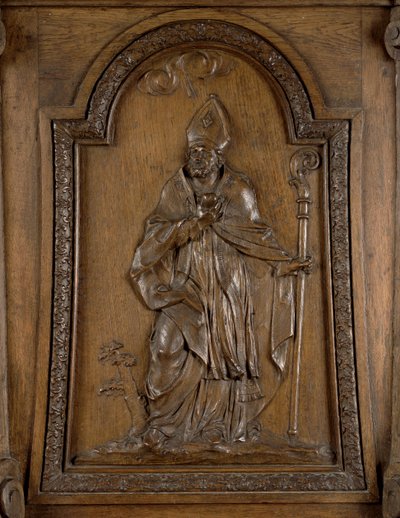 Relieff som viser St. Medard (ca. 456-545) biskop av Noyon, fra prekestolen (tre) av French School