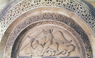 Relieff fra tympanon som viser St. Mikael og dragen, 1137 av French School