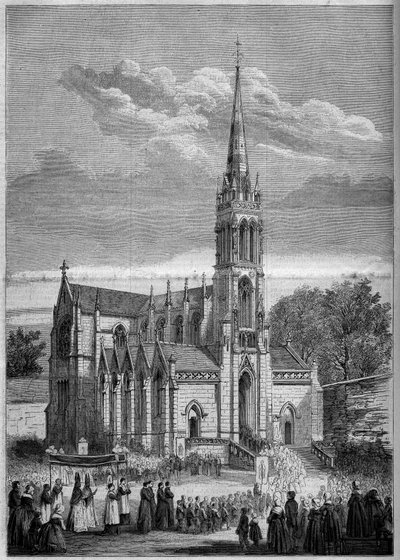 Religiøs arkitektur: generell utsikt over kirken Monfort le Retrou (i dag Montfort le Gesnois i Sarthe (72), dagen for dens innvielse i 1858. Fra en skisse av Mr. Moulin. Gravering i "" Le Monde Illustré"" n °77 av 2. oktober 1858. av French School
