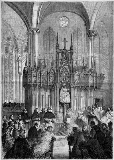 Religious art: statue of Notre Dame du Pillar or “” Virgo Noire”” (about 1540) in the cathedrale of Chartres (Eure et Loire, 28) in 1858. Engraving in “” Le Monde Illustré”” n°89 of 25 December 1858. av French School