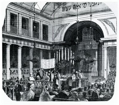Religiøs seremoni ved den gamle synagogen i Paris for Rosh Hashana, illustrasjon fra Le Tableau de Paris av Edmond Texier, utgitt i Paris, 1852 av French School