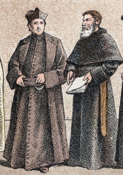 Religiøse drakter: fra g a d portrett av en jesuite og en assumpsjonistbror (medlem av kongregasjonen av Augustinians of the Assumption) - Gravering - Religiøse drakter i antikken: fra venstre til høyre, portrett av en jesuitt og en Assum av French School