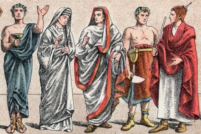 Religiøse kostymer i antikken: fra et portrett av en gresk prest, offerminister, en vestal, pretress fra det gamle Roma og en stor pave i det gamle Roma (Pontifex maximus), en popa og en flamino (flamen) romersk prest viet til tilbedelsen av o av French School