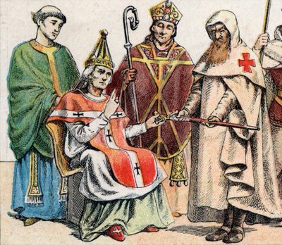 Religiøse drakter i middelalderen: fra g til d en prest på 1000-tallet, en pave på 1000-tallet, en eveque (med gjæring og rumpe) til 1100-tallet og medlem av Hospitallerordenen (Orden of St. Johannes av Jerusalem) - Religiøse kostnader av French School