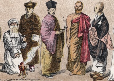 Religiøse kostymer i Asia: fra et portrett av en prest Parsi (parse eller tilhenger av parsisme), Lama (tibetansk åndelig mester), kinesisk buddhistprest, Ceylon bonze og japansk buddhistprest - Gravering - Religiøse kostymer i Asia: fra venstre til rigg av French School