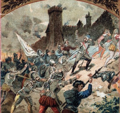 Religiøse kriger: Hugenottene tok slottet Dampierre i 1567. Kromolitografi fra slutten av 1800-tallet av French School