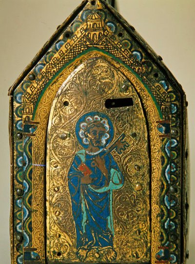 Relikvieskrin med scener fra livet til St Valeria, Limoges, ca. 1175 (tre, kobber og cloisonne-emalje, gravert og forgylt) av French School