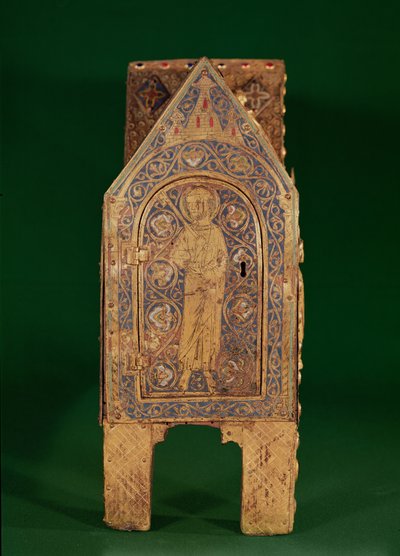 Reliquary chest of St. Calminius, detail of St. Peter holding the keys, Limoges (copper & champleve enamel) av French School
