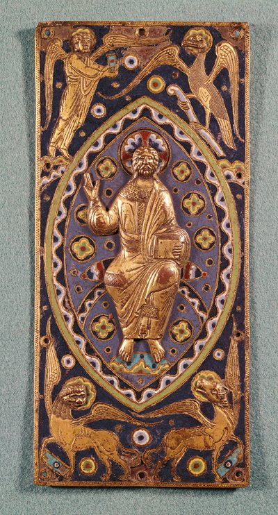 Relikvieplakett som viser Kristus med symbolene til evangelistene (emaljert kobber) av French School