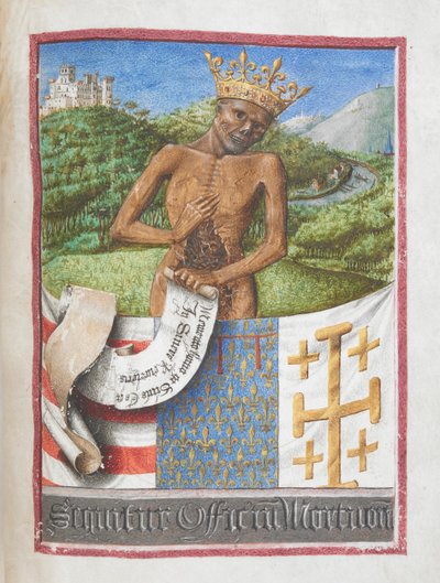 Rene, hertugen av Anjou som et kronet skjelett, fra Timeboken til Rene av Anjou (vellum) av French School