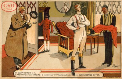 Reporter som intervjuer en herre som kler seg (chromolitho) av French School