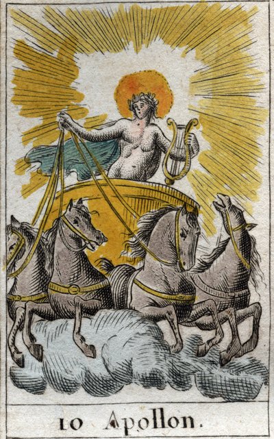 Representation of Apollo, god of singing, music and poetry, on his chariot (Apollo, God of light, music, poetry). From “Mythology of Youth” by Pierre Blanchard 1803. av French School