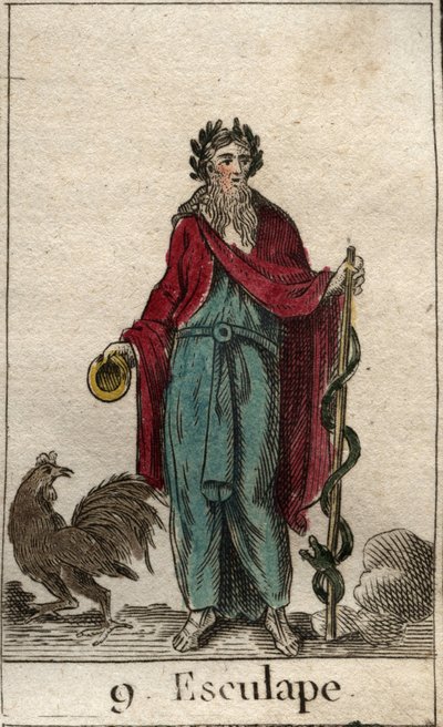 Representasjon av Asclepios, medisinens gud, han holder i hånden en stokk av Asclepios (løvfellende), en pelerinstang som er pakket inn en slange, symbol på kunnskap (medisinens gud, Asclepius (eller Asclepios eller Aesculapius) som holder en stang av Ascl av French School