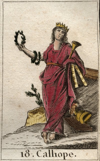Representation of Calliope, muse of epic poetry, she holds in her hand a crown and the trumpet of the epopee (Representation of Calliope, Muse of heroic poetry). From “Mythology of Youth” by Pierre Blanchard 1803. av French School