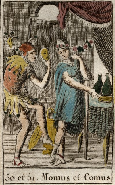 Representation of Comus, divinite of gourmets and cuisine, he presides feasts, represente leans on a stake with a torch and Momos, personification of the mockery and Sarcasm, he is represented as a court jester. (Momus the personnification of satire and mo av French School