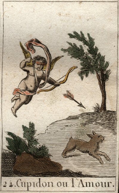 Representation of Cupid, or Amour, servant of Venus, as a child blindfolded, drawing an arrow (Cupid, god of Love, as a child blindfolded, drawing an arrow). From “Mythology of Youth” by Pierre Blanchard 1803. av French School