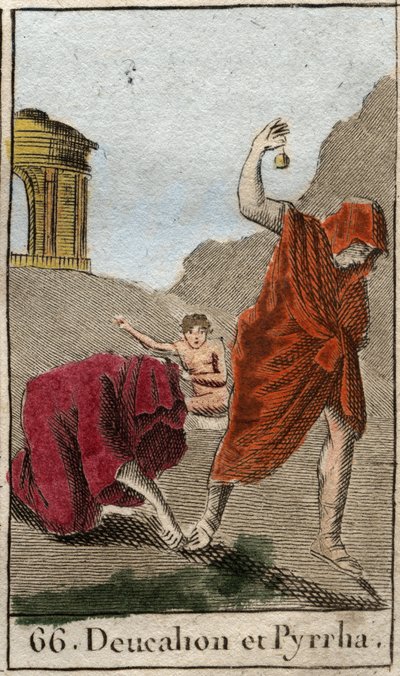 Representation of Deucalion and Pyrrha, the only survivors after the deluge caused by Zeus to destroy the human race. Themis after the deluge asks them to walk the head covered by throwing behind them the bones of their mother (the stones of the Earth) (Re av French School
