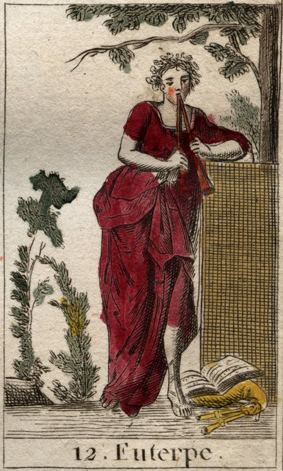 Representasjon av Euterpe, musikkmuse, omgitt av musikkbøker og spiller dobbelfløyte (aulos) (Euterpe, musikkmuse, som viser å holde en dobbelfløyte (aulos)). Fra "Mythology of Youth" av Pierre Blanchard 1803. av French School