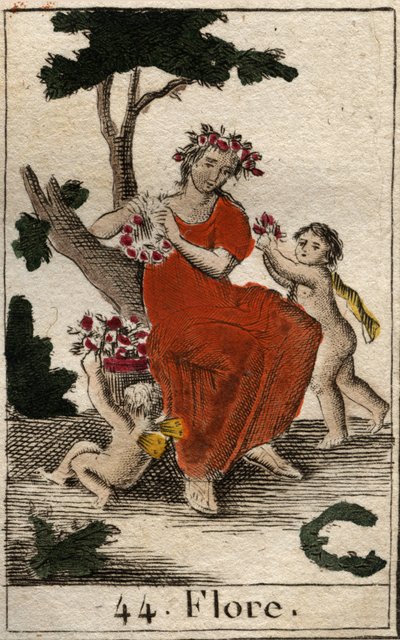Representasjon av Flora (Flora), blomstergudinnen. (Flora, blomstergudinnen og vårsesongen) Fra "Mythologie de la jeunesse" av Pierre Blanchard 1803. av French School