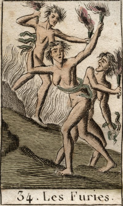 Representation of Furies, Tisphone, Megere and Alecton, persecuting divinites, as discharnees (The furies, Tisphone, Megaera and Alecto, represented as emaciated women). From “Mythology of Youth” by Pierre Blanchard 1803. av French School