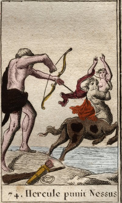 Representasjon av Hercules som decocherer en forgiftet pil til kentauren Nessus (Nessos) som kidnapper sin kone Dejanire (Hercules (Heracles) skjøt en forgiftet pil til kentauren Nessus som forsøker å kidnappe Deianira) Fra "" Mythologie de la jeunesse ""  av French School