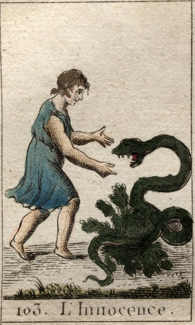 Representasjon av uskyld, som et barn som mater en farlig slange. Fra "Mythology of Youth" av Pierre Blanchard 1803. av French School